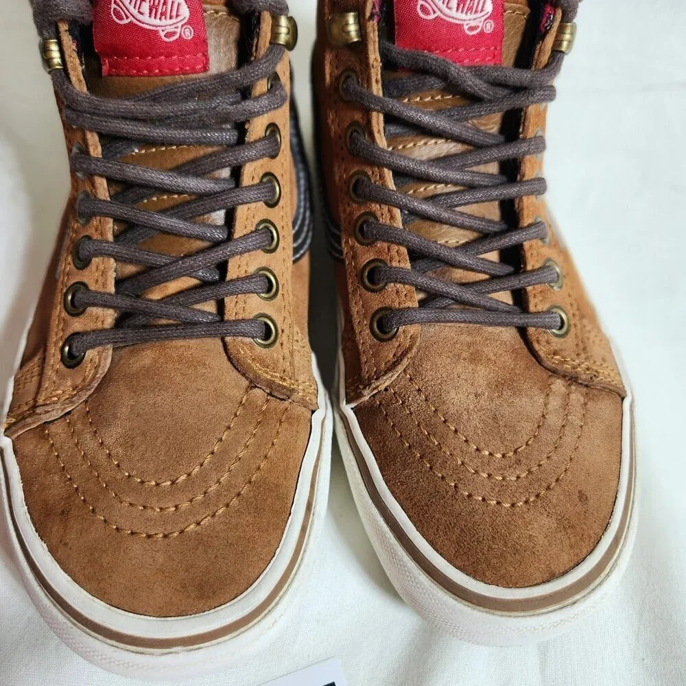 Vans Off the Wall Mens 5 Women 6.5 Brown Suede Skate Sneakers Red Black Plaid